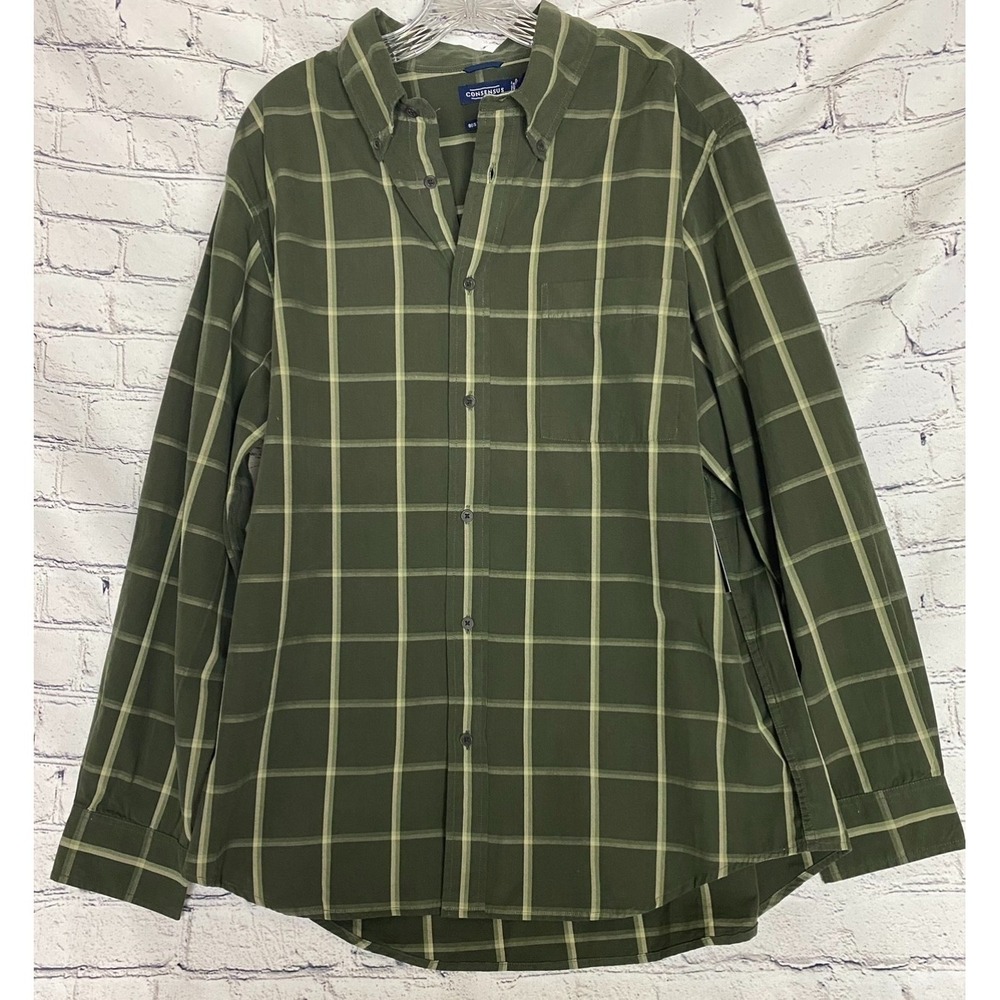 NWT Consensus Mens Button Down Shirt Size L Olive Checkered 80s Two Ply Cotton